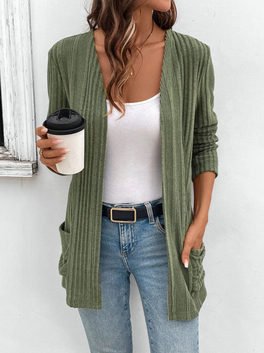 Pocketed Open Front Long Sleeve Cardigan