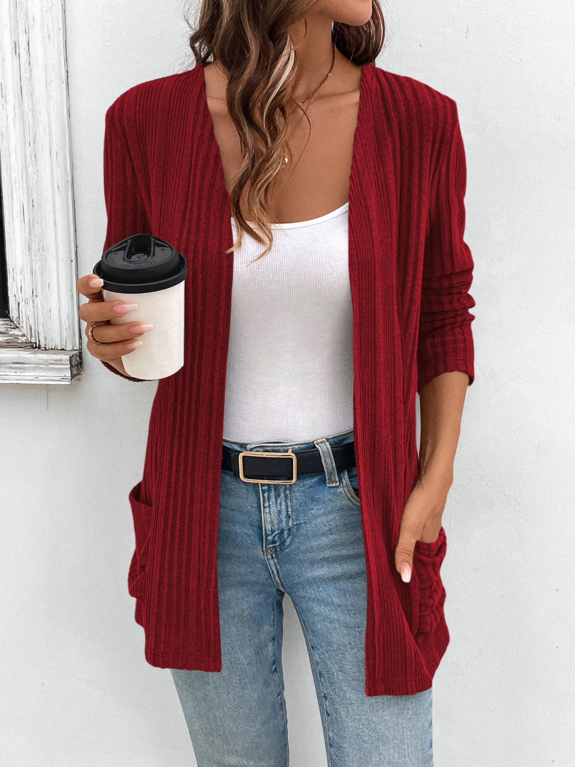 Pocketed Open Front Long Sleeve Cardigan